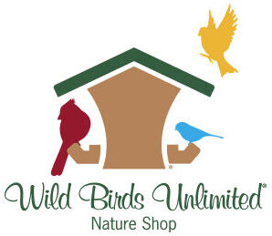 Wild Birds Unlimited Nature Shop logo: a birdhouse with a red cardinal on the left, a blue bird on the perch, a yellow bird flying above, and the store name.